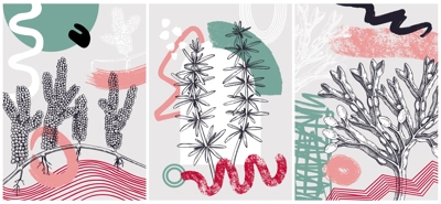 Collage-style seaweeds vector illustration. Sketched underwater plants banner set. Trendy design with botanical elements and geometric shapes. Elegant algae for sketch poster, card, and wall art.